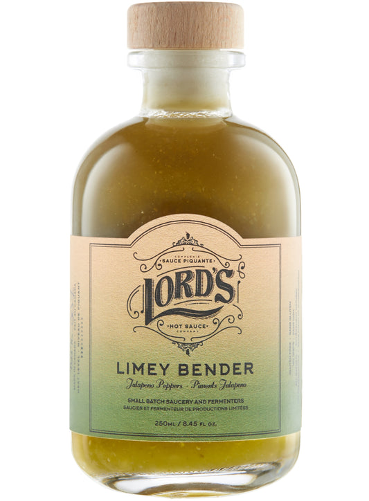 A bottle of Limey Bender hot sauce 250ml with a label that includes the product name and a description as 'Deliciously mild hot sauce made with fresh jalapenos, lime, and cilantro'. The bottle is transparent, showing the greenish color of the sauce inside.